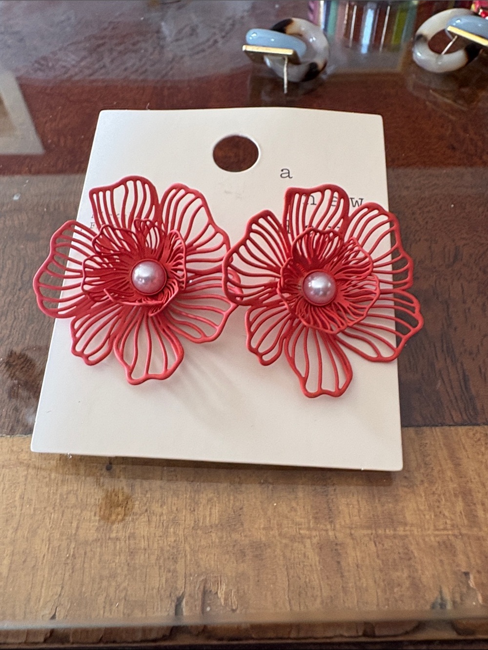Red Floral Wirework Statement Earrings with Pink Pearl Center